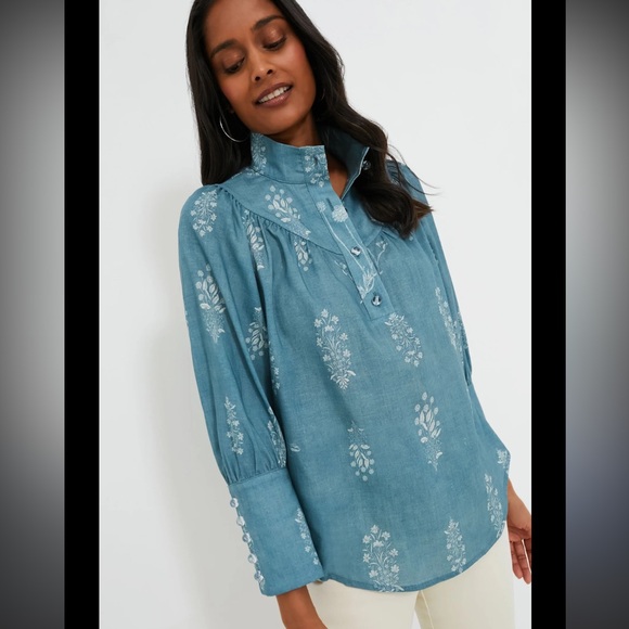 Tuckernuck XsWeathered Meadow Rue Corrigan Blouse Top Chambray Blue Print - Picture 1 of 4